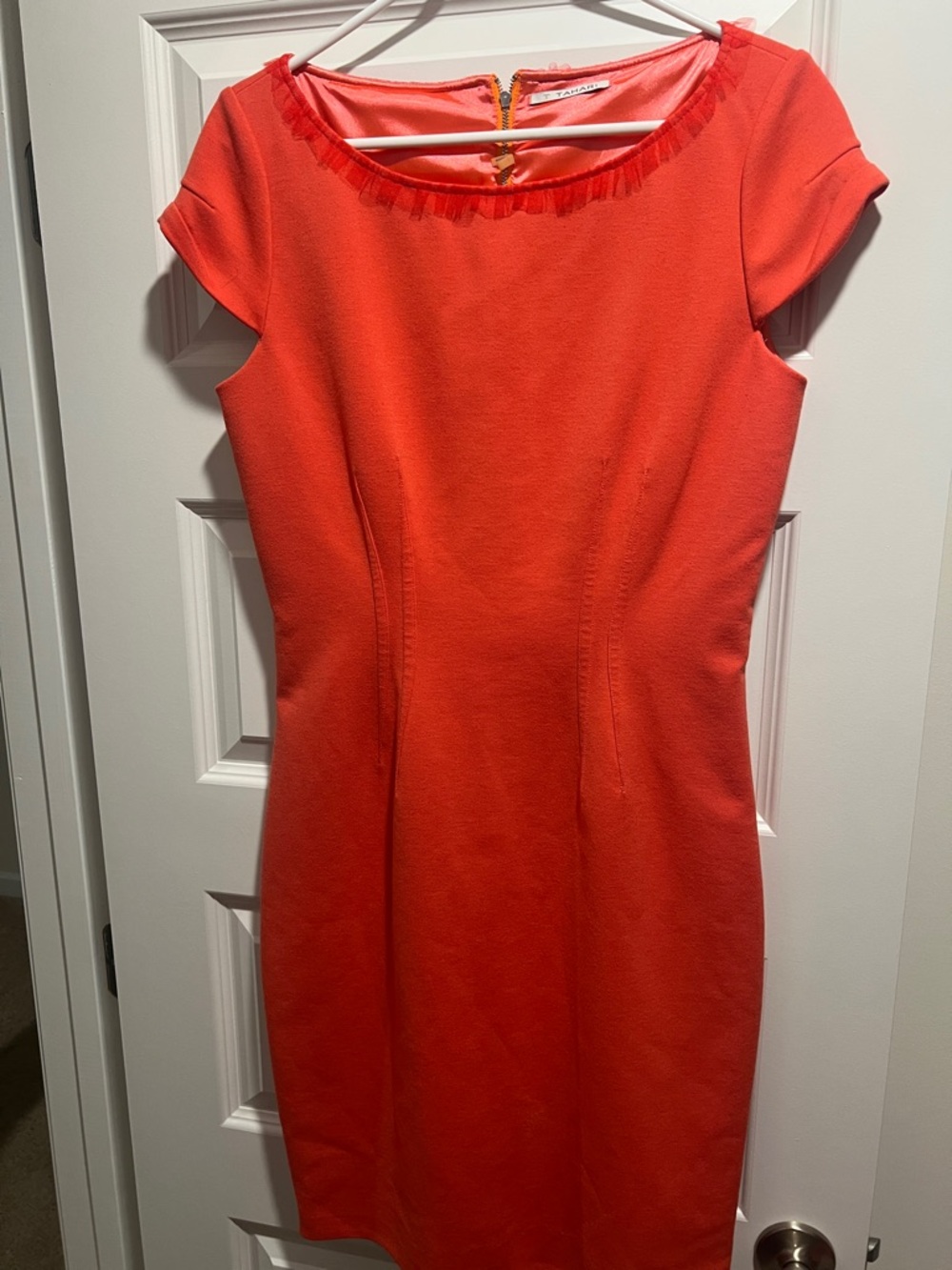 T Tahari Coral-Red Cap Sleeve Sheath Dress